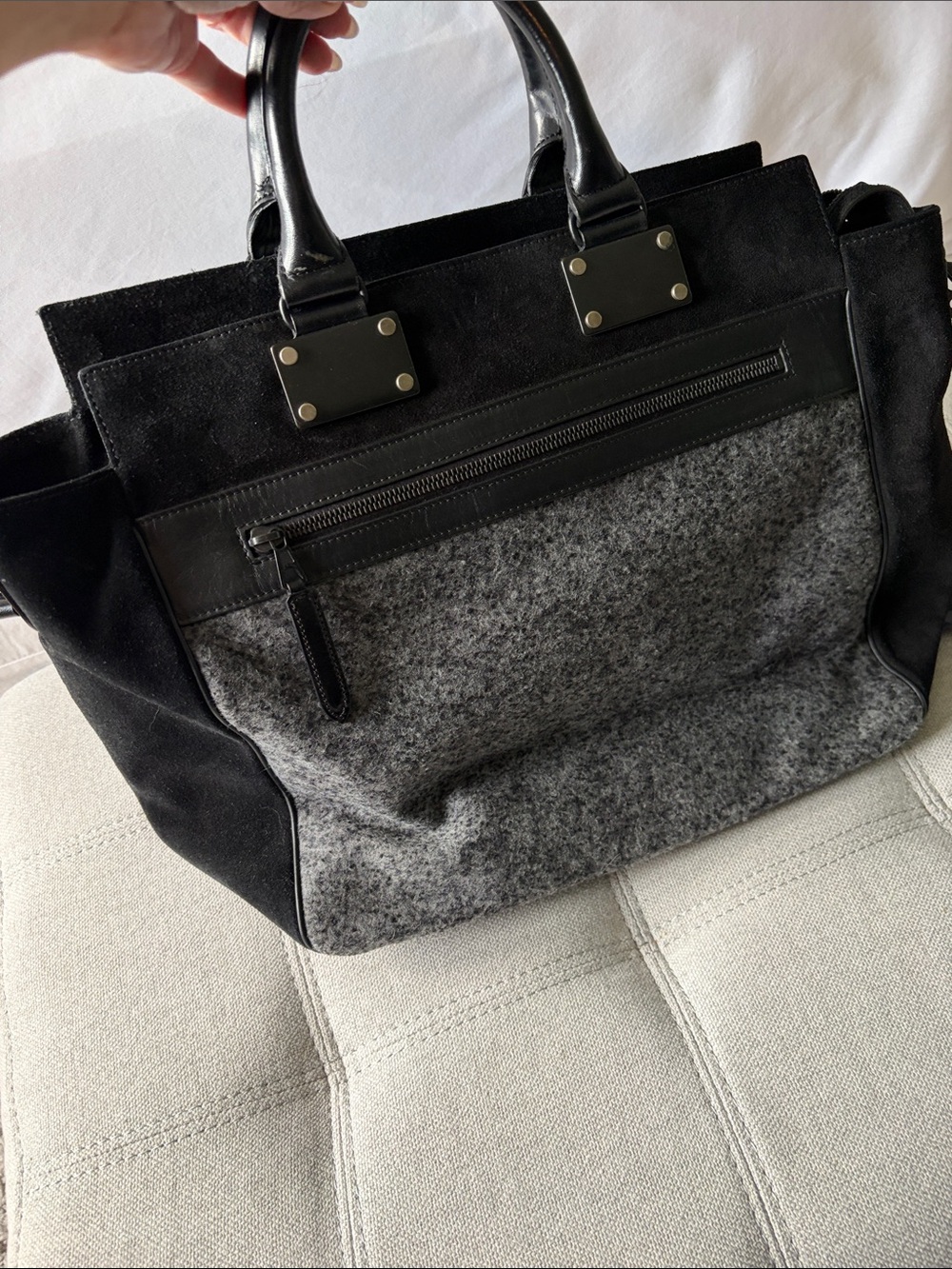 rag & bone Medium Pilot Black Leather and Gray Wool Messenger Tote - Picture 6 of 8